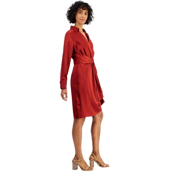 NWT Tahari ASL Collared Long-Sleeve Wrap Dress DEM401-T4 Brick Red Orange 4 - Picture 4 of 9